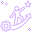 Purple outline icon of a person standing on an upward arrow with a gear below and a star above, symbolizing progress, growth, or achievement.