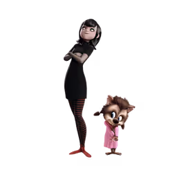 Stylized animated girl with black hair and striped tights standing confidently beside a smiling werewolf child in pink pajamas, on a dark background.