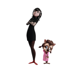 Stylized animated girl with black hair and striped tights standing confidently beside a smiling werewolf child in pink pajamas, on a dark background.