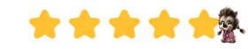 Five yellow stars on a dark background with a cute animated werewolf child in pink pajamas standing beside the fifth star, symbolizing a 5-star rating.