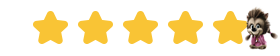 Five yellow stars on a dark background with a cute animated werewolf child in pink pajamas standing beside the fifth star, symbolizing a 5-star rating.