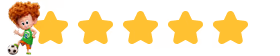 Five yellow stars on a dark background with a cartoon red-haired boy in a green outfit kicking a soccer ball next to the first star, representing a 5-star rating.