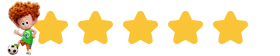 Five yellow stars on a dark background with a cartoon red-haired boy in a green outfit kicking a soccer ball next to the first star, representing a 5-star rating.