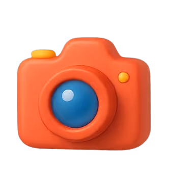 3D cartoon-style red camera with a large blue lens and yellow buttons, set against a dark background.