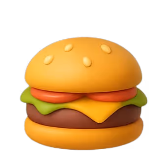 3D cartoon-style cheeseburger with lettuce, tomato, cheese, and a sesame seed bun, set against a dark background.