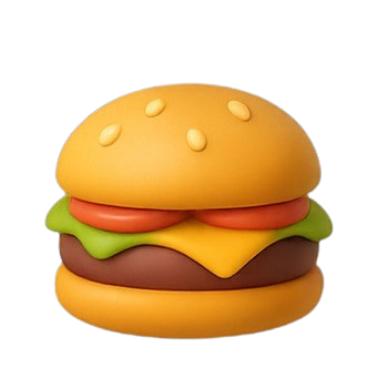 3D cartoon-style cheeseburger with lettuce, tomato, cheese, and a sesame seed bun, set against a dark background.