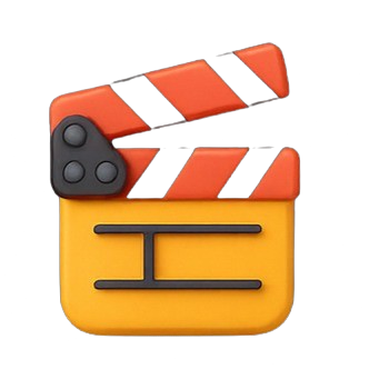 Stylized 3D icon of a movie clapperboard with a yellow base and black-orange striped top, set against a dark background.