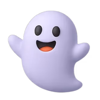 Cute smiling cartoon ghost with raised arms and a rounded purple body, set against a dark background.