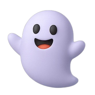 Cute smiling cartoon ghost with raised arms and a rounded purple body, set against a dark background.