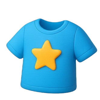 3D illustration of a blue T-shirt featuring a yellow star on the front, set against a dark background.