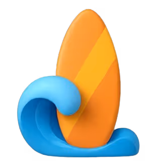 3D illustration of an orange surfboard with a yellow stripe, standing upright inside a curling blue ocean wave, set against a dark background.