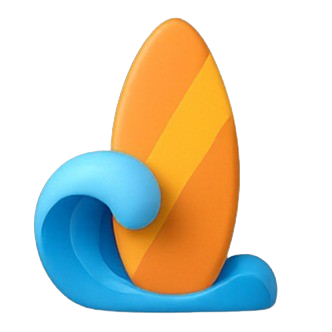 3D illustration of an orange surfboard with a yellow stripe, standing upright inside a curling blue ocean wave, set against a dark background.