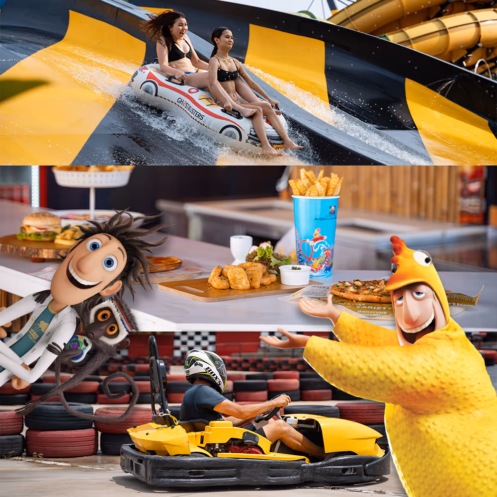 Collage showcasing Aquaverse attractions: two guests riding a giant yellow-and-black water slide, animated characters from Cloudy with a Chance of Meatballs promoting themed food, and a person racing a go-kart, all highlighting the park’s diverse entertainment and dining options.

