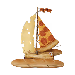 Whimsical food boat made of sandwich buns as the hull, a slice of pizza as the sail, and Swiss cheese as the second sail, topped with a checkered flag—designed in a playful, imaginative style.

