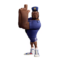 Animated muscular police officer character from The Emoji Movie striking a serious pose with one arm raised like a finger gun, wearing a navy blue uniform and white sneakers, on a dark background.

