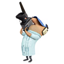 A cartoonish character in a light blue lab coat and blue cap holds a large black camera or scanning device, pointing it upward with enthusiasm. The character is posed in a dynamic, backward-leaning stance, suggesting action or discovery. This whimsical figure evokes a sense of creativity, exploration, or product showcase—ideal for themes related to innovation, technology, or media production.