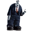 Frankenstein from Hotel Transylvania is dressed in a dark blue business suit with a red tie, striking a professional pose with one finger raised as if making a point. His expression is friendly and confident, conveying a sense of authority or instruction. The image playfully merges a classic monster with a corporate or conference theme, making it ideal for humorous takes on meetings, presentations, or educational sessions.