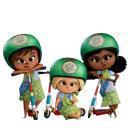 Three animated schoolchildren pose confidently with their scooters, wearing matching green polka-dot skirts, blue sashes, and bright green helmets featuring an emblem. Each child strikes a playful and determined pose, showcasing energy and teamwork. The image conveys a school or group outing theme, filled with youthful spirit, fun, and camaraderie.