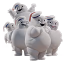 A group of five playful Stay Puft Marshmallow Men from the Ghostbusters franchise stands together, smiling and waving. Each character has a plump, rounded body, white exterior, and sailor-style hats—some with red ribbons, others with blue. Their joyful expressions and friendly poses convey a sense of fun and camaraderie, making this image perfect for representing group gatherings or corporate events with a lighthearted theme.