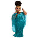 A glamorous animated character wears a shimmering turquoise gown with a diamond pattern, accessorized with bold jewelry and an elaborate beehive hairstyle. Holding a microphone and smiling confidently, she exudes elegance and stage presence, evoking the feel of a red carpet or gala event. This image represents themes of celebration, performance, or award ceremonies in a fun, theatrical style.
