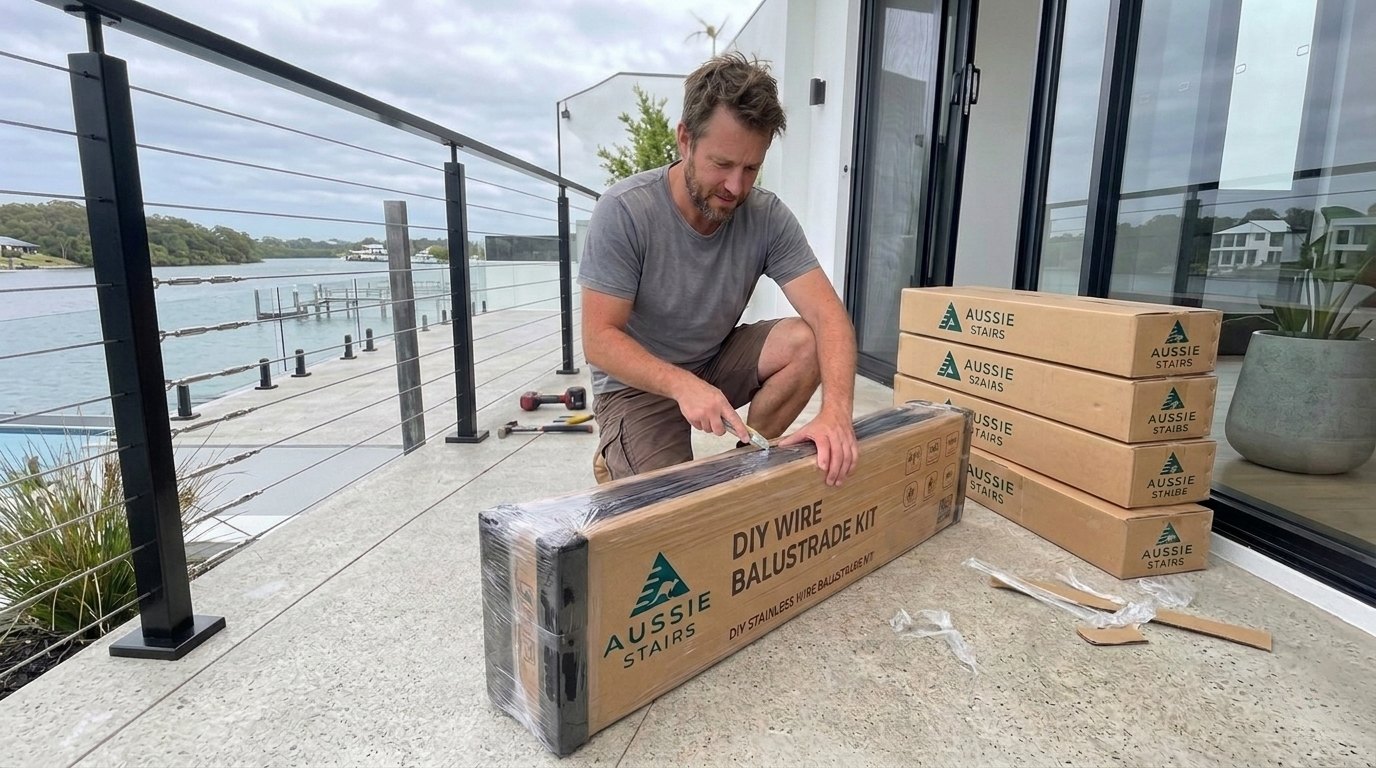 Unboxing a flat-packed DIY wire balustrade kit on a deck
