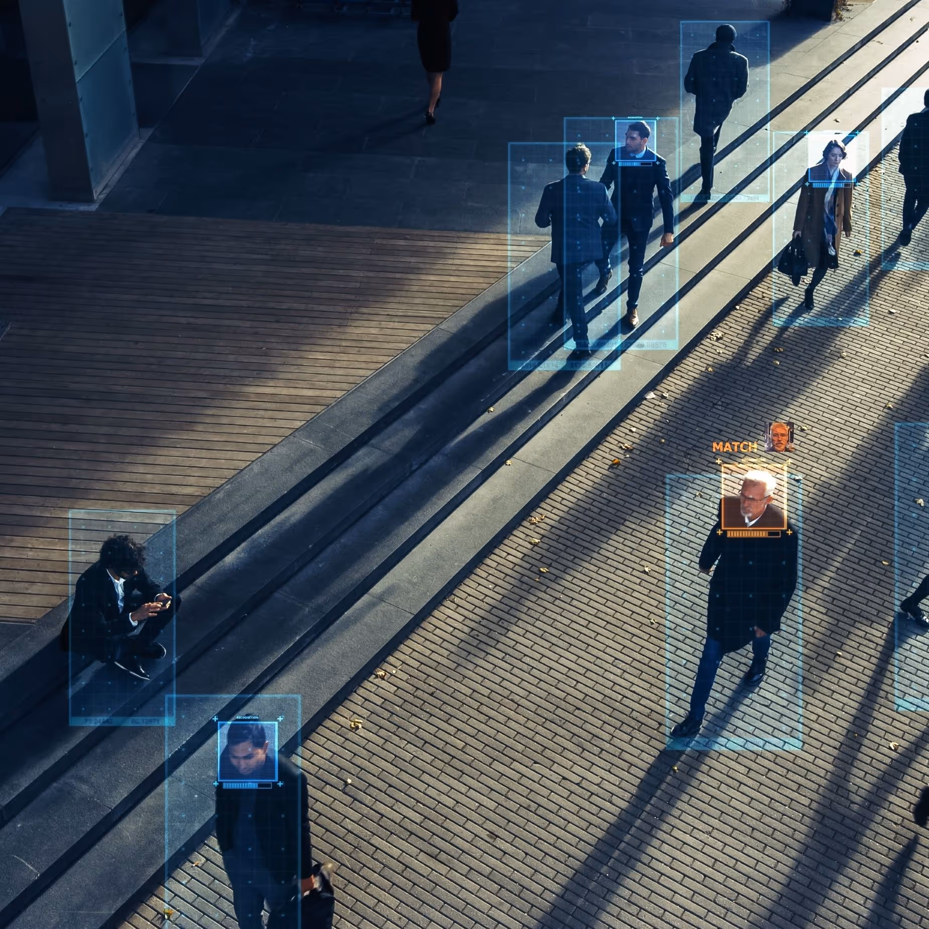 Commuters on a sunny evening being surveilled using facial recognition technology