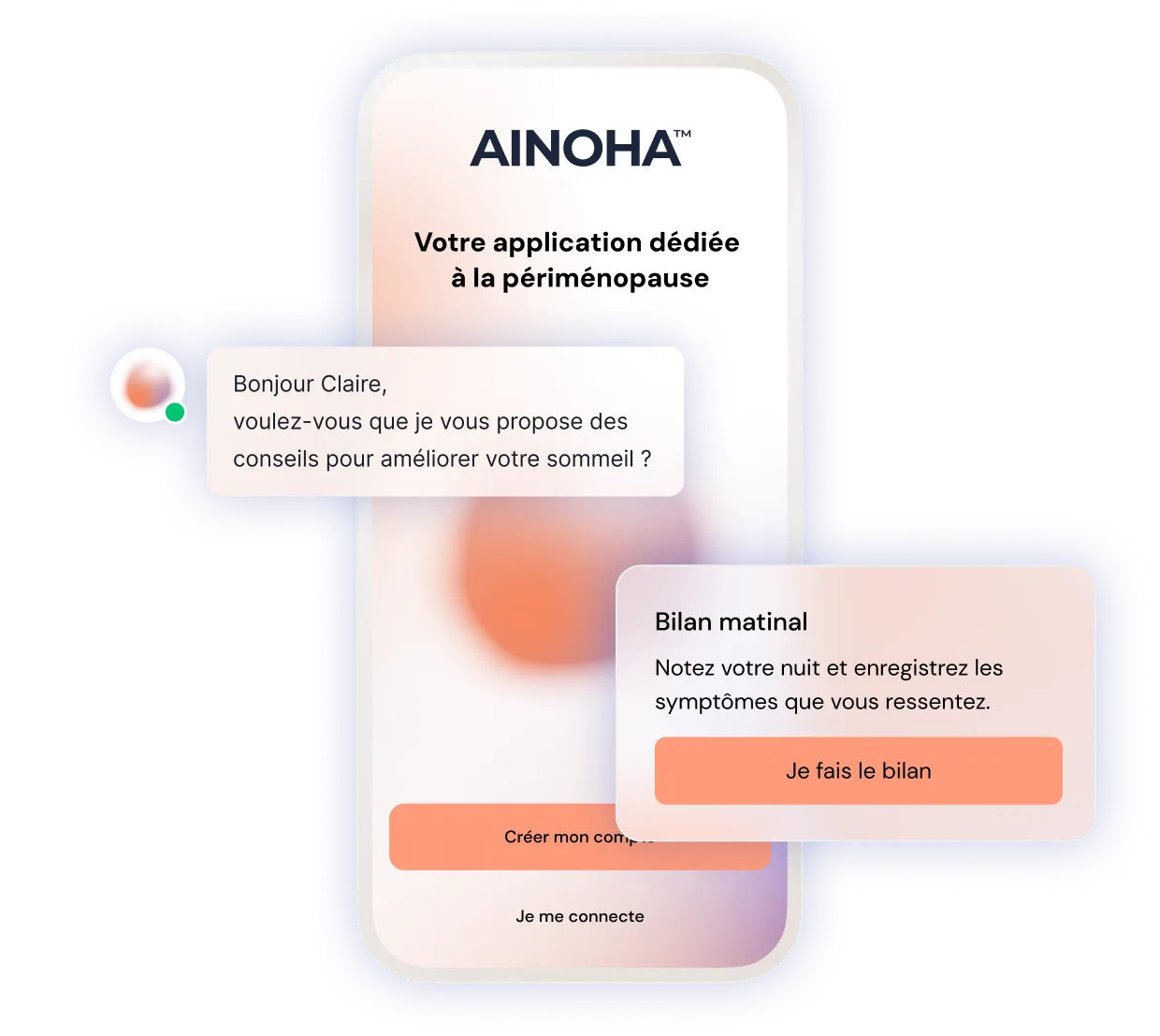 Aperçu de l’application Ainoha avec messages d’aide et bilan matinal.