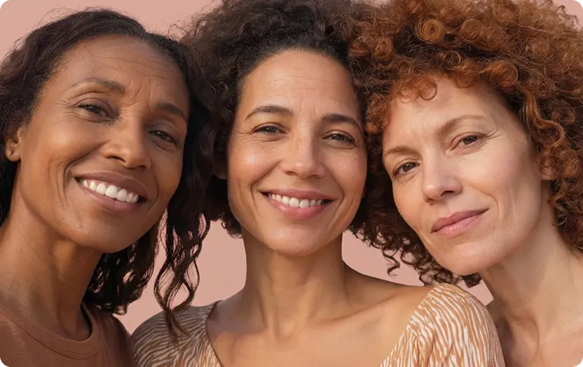 Portrait de trois femmes souriantes côte à côte.