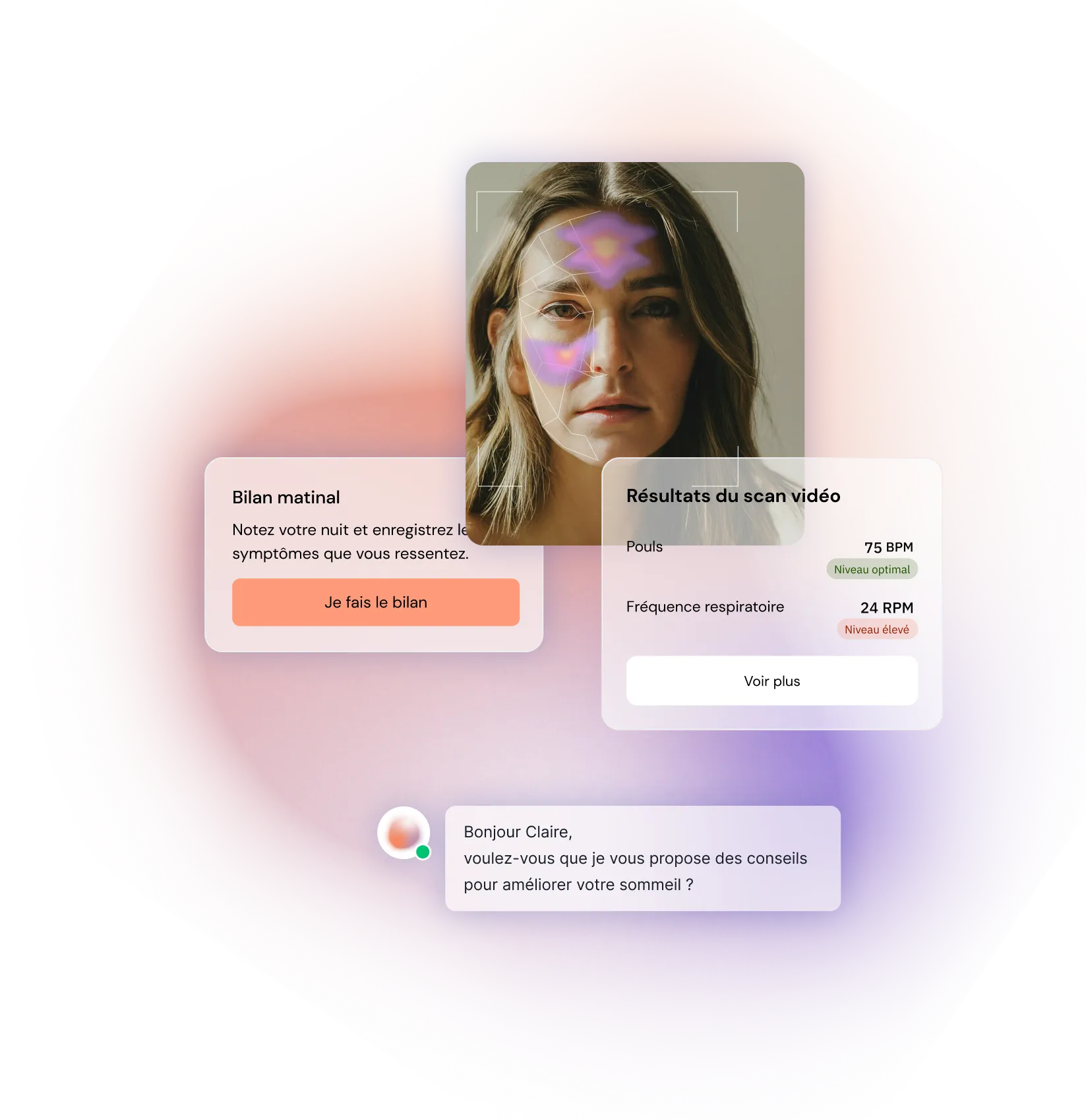 Interface Ainoha™ montrant un scan vidéo du visage et des outils de suivi du bien-être.