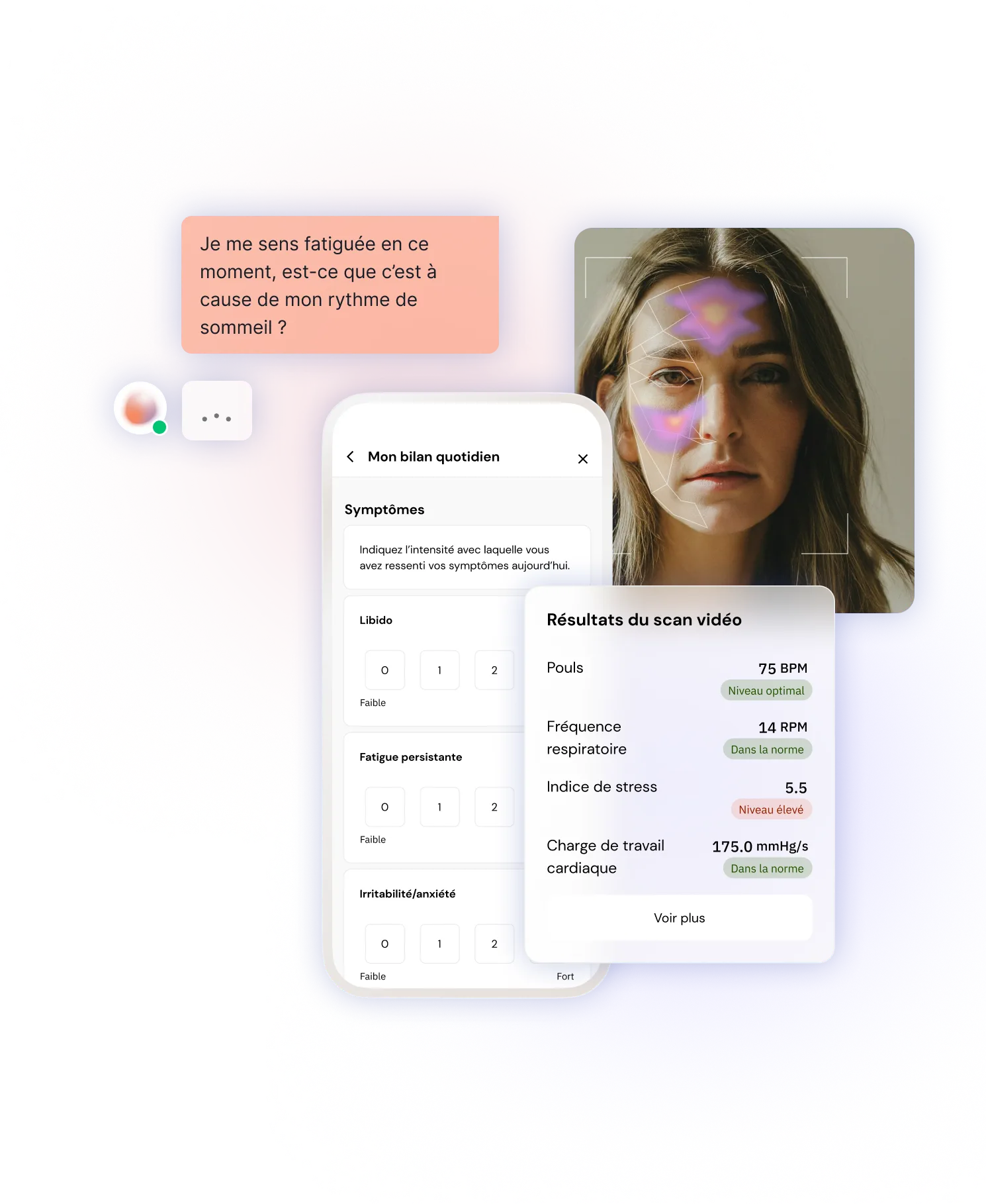 Interface Ainoha montrant le scan vidéo et le suivi des symptômes quotidiens.