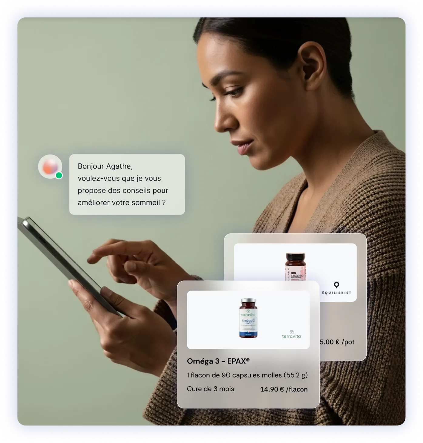 Femme utilisant l’application Ainoha avec recommandations