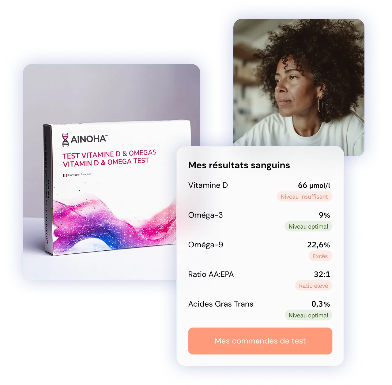 Kit Ainoha™ et aperçu des résultats sanguins affichés dans l’application.