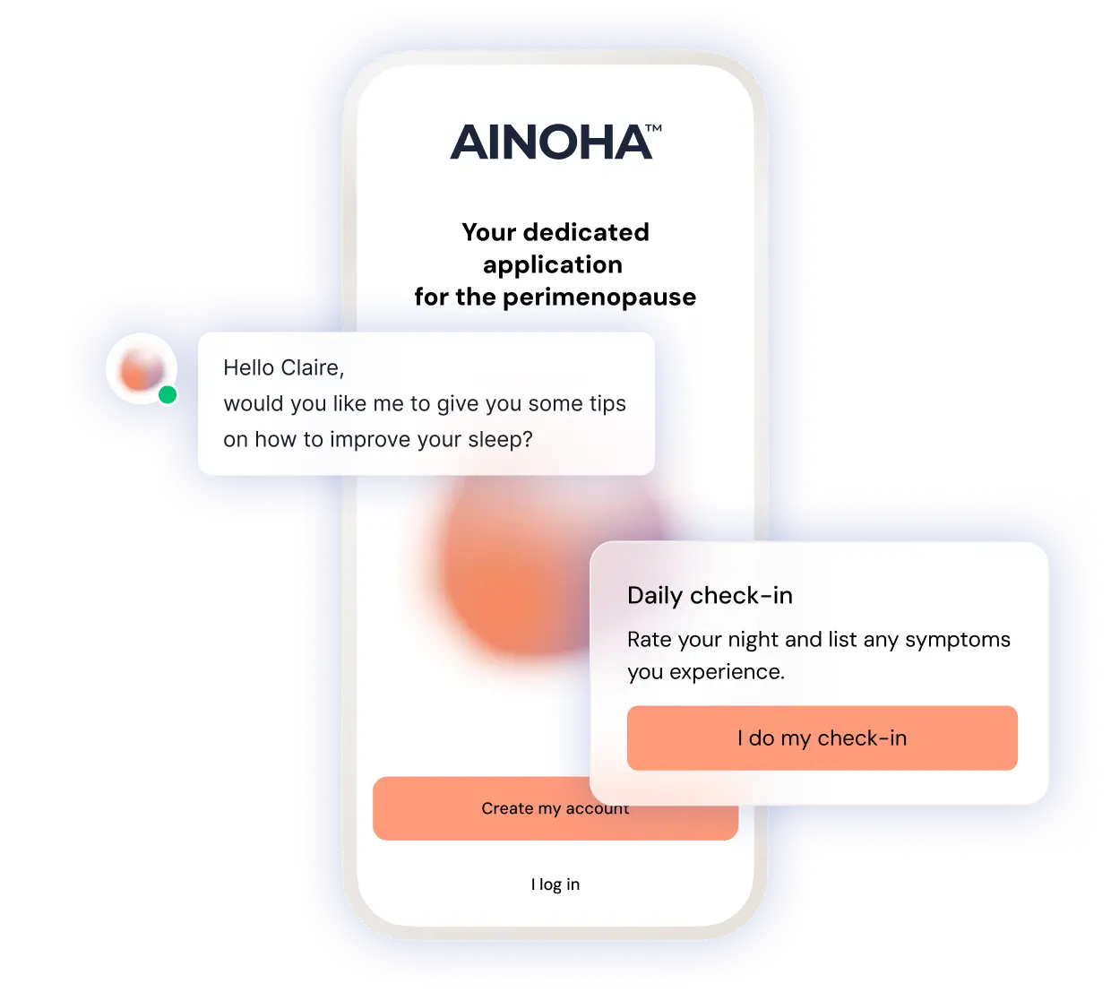 Przegląd aplikacji Ainoha z komunikatami pomocy i porannym bilansem.