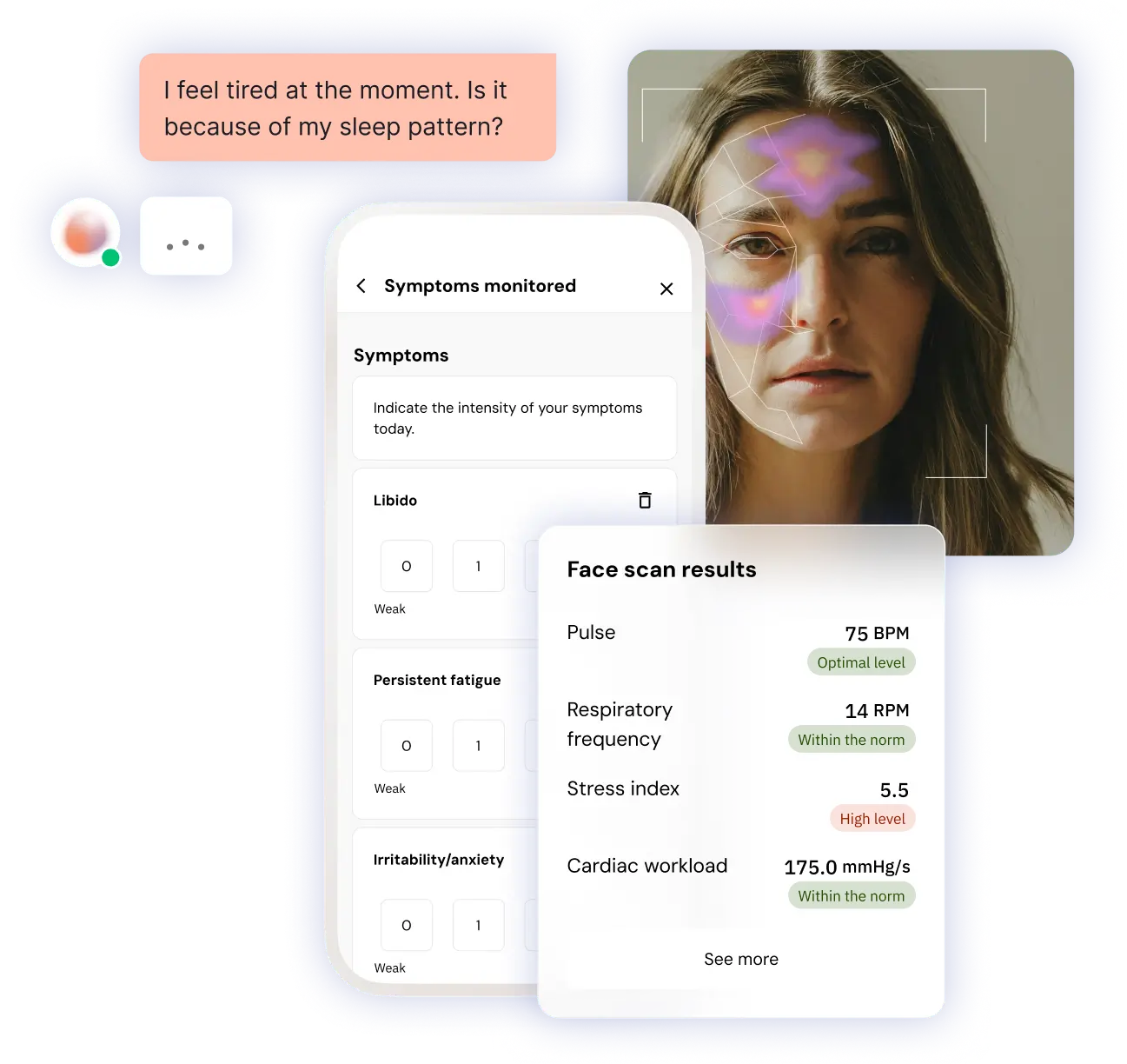 Interfejs Ainoha pokazujący skan wideo i śledzenie codziennych objawów.