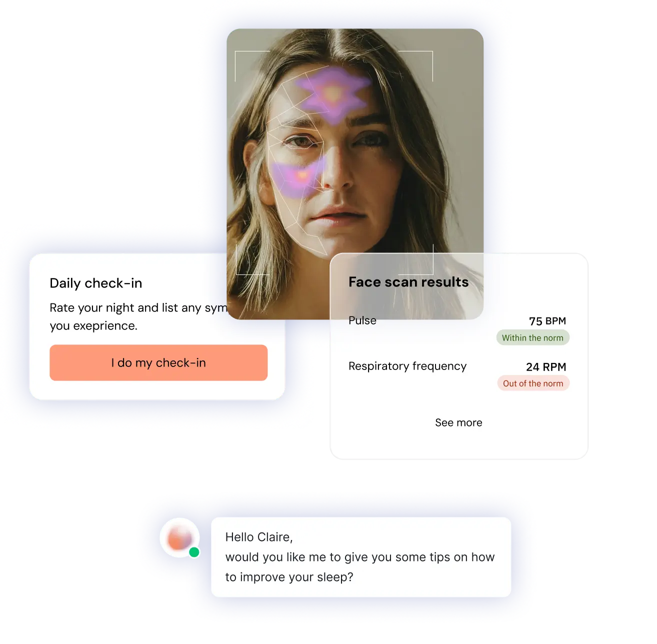 Interfejs Ainoha™ wyświetlający skan wideo twarzy i narzędzia do monitorowania samopoczucia.