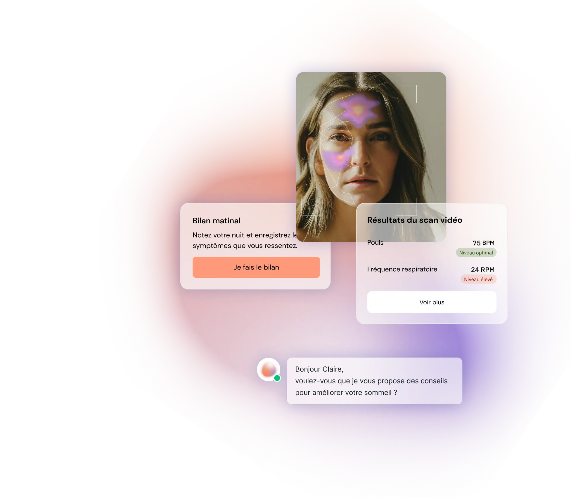Interface Ainoha montrant le scan vidéo et le suivi des symptômes quotidiens.