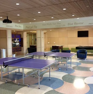 Modern lounge with purple ping pong table, blue chairs, and wooden ceiling