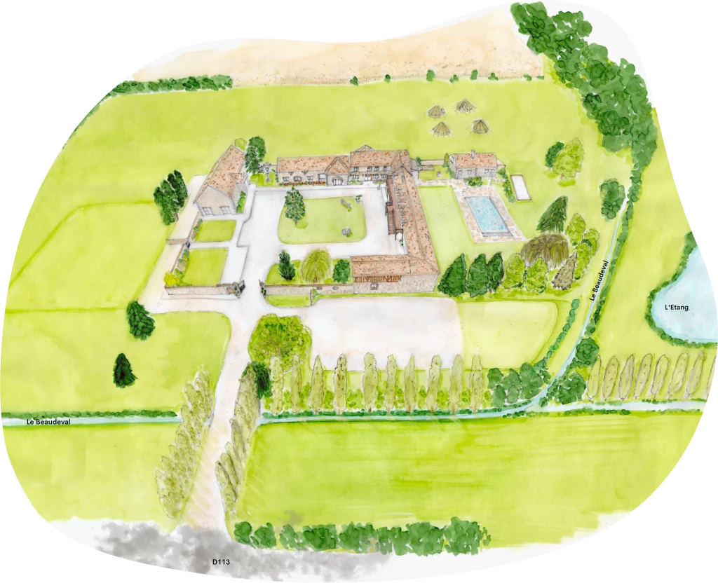 Illustration aérienne à l'aquarelle d'un domaine rural avec plusieurs bâtiments.