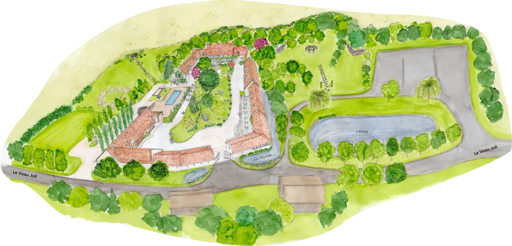 Carte à l'aquarelle représentant une grande propriété.