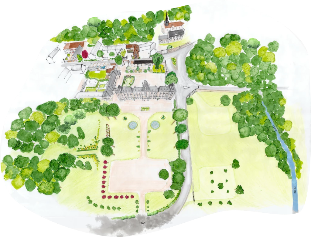 Carte illustrée à l'aquarelle d'un château avec ses jardins environnants, ses allées bordées d'arbres, ses fontaines, une petite rivière et les bâtiments adjacents.