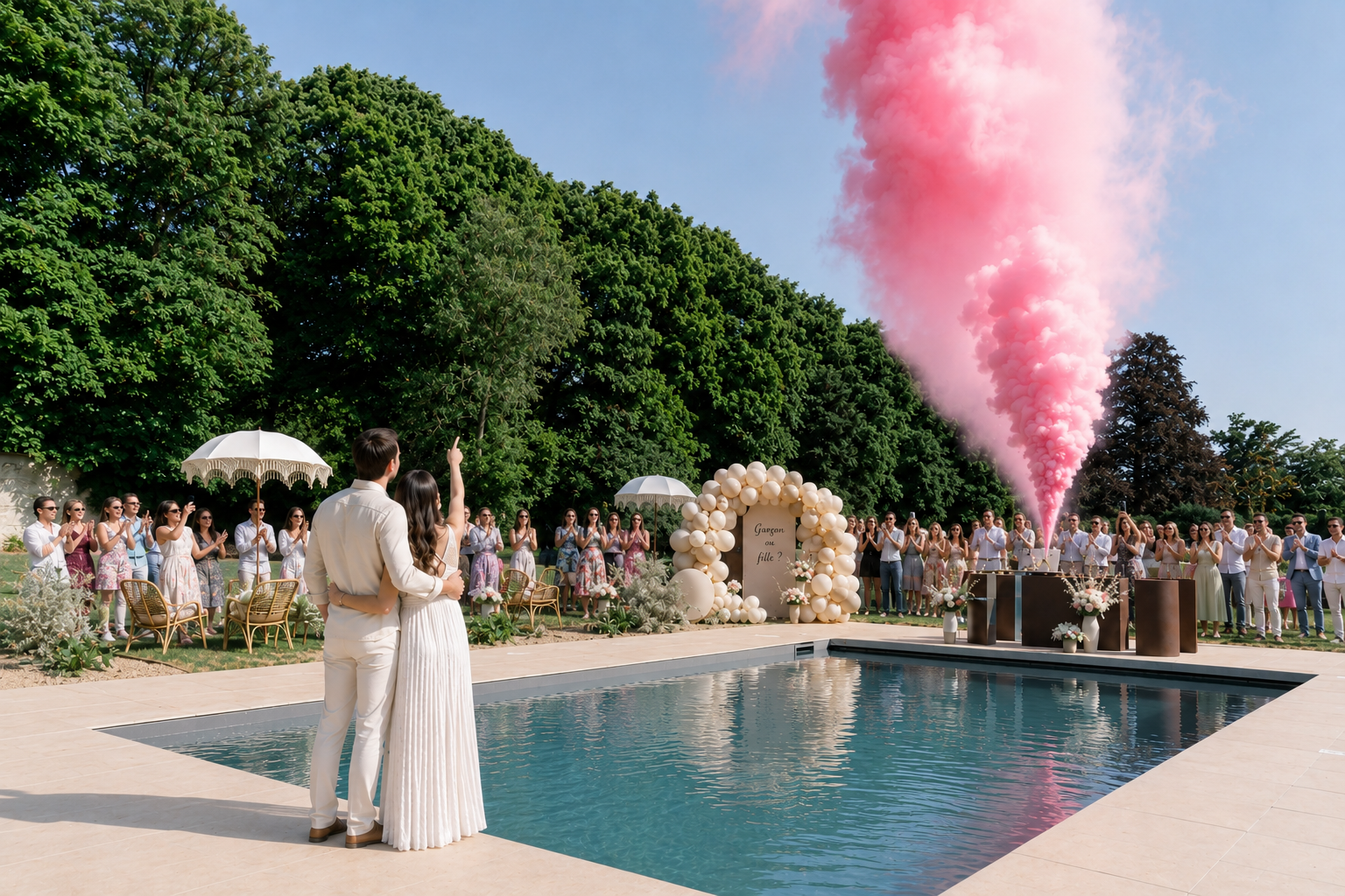 gender reveal devant la piscine