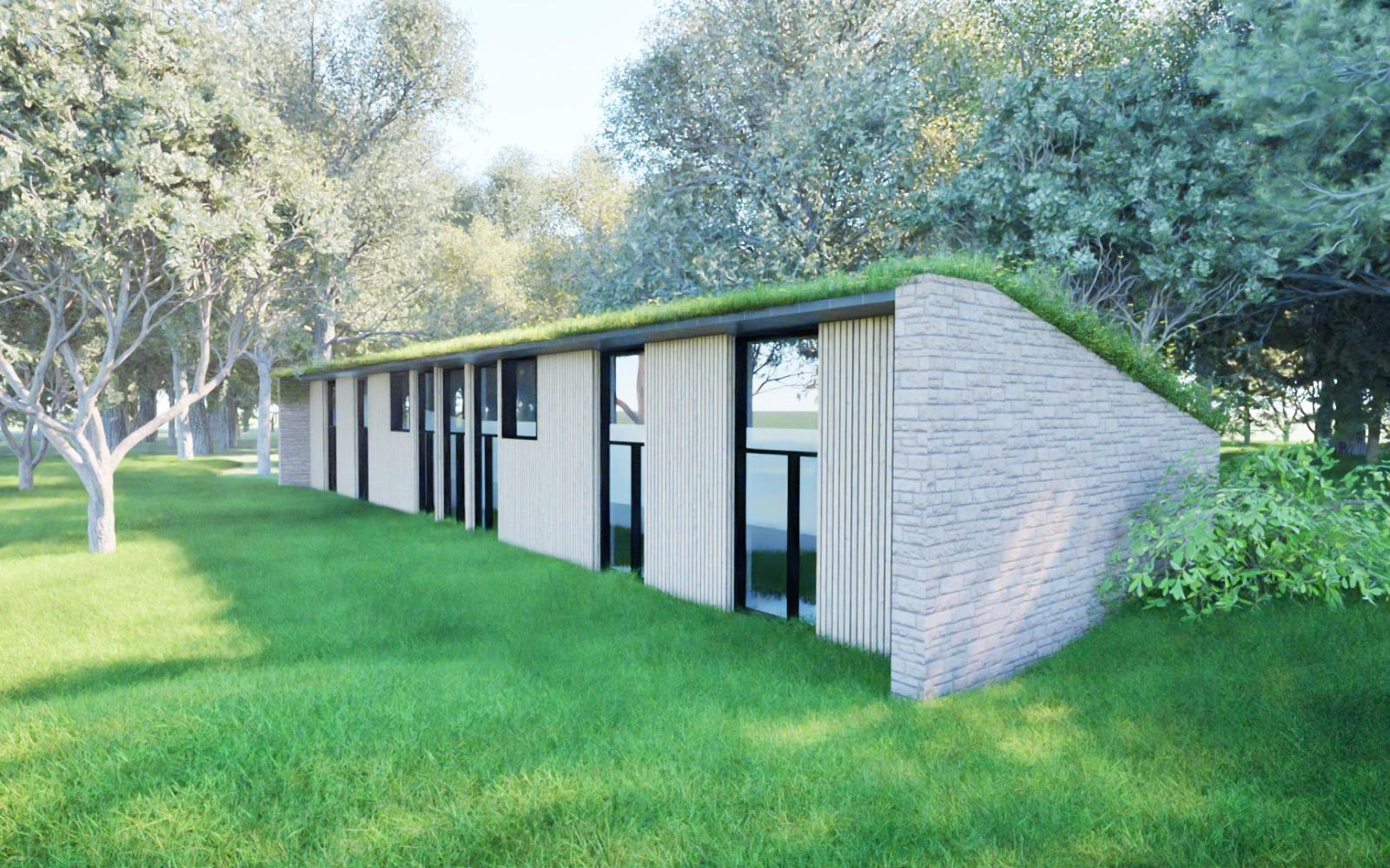 Vue extérieure de la Maison de Diane entourée de verdure au Domaine du Grand Morin.