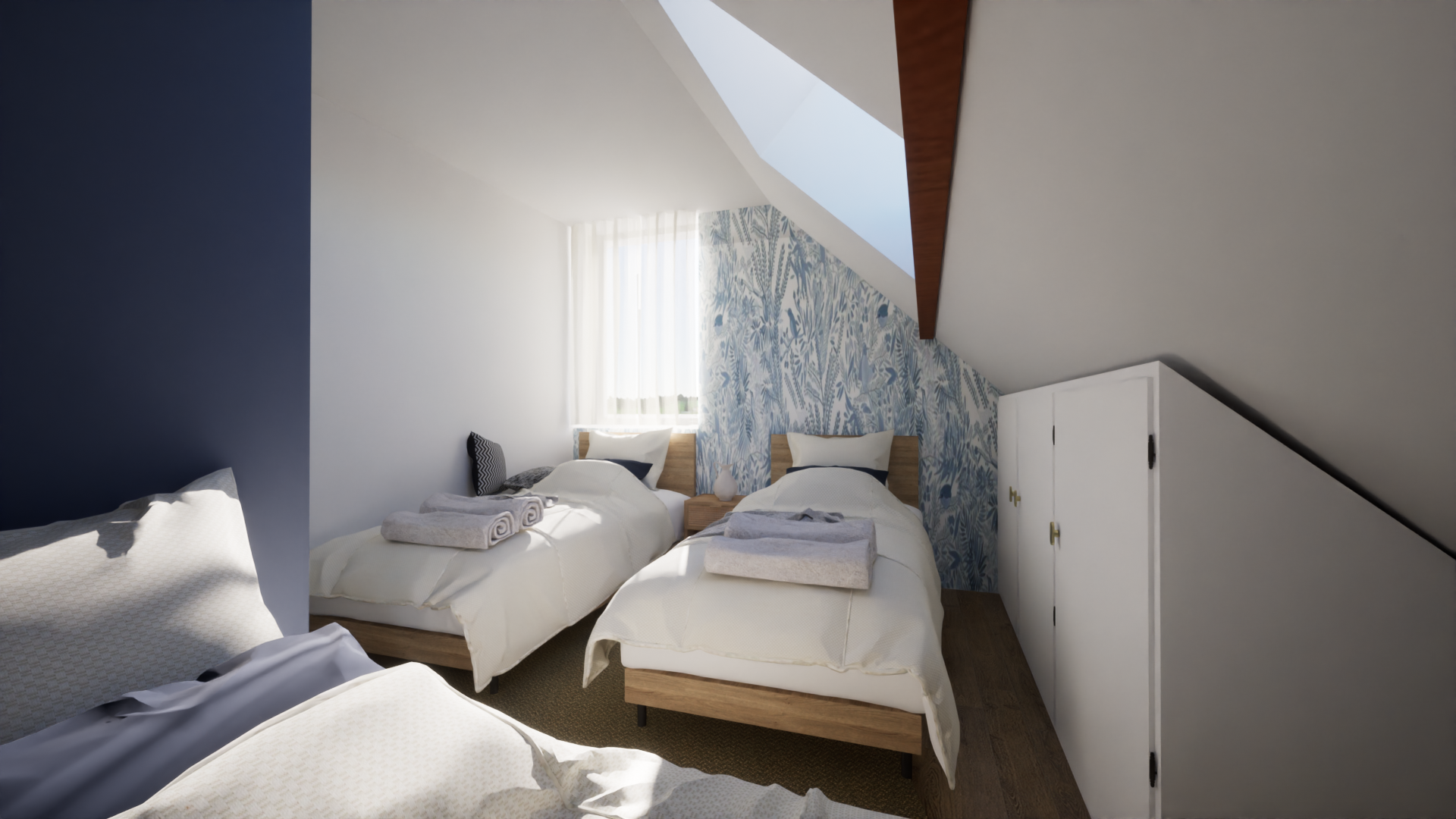 Vue alternative d’une chambre avec lits twin au Domaine du Grand Morin.