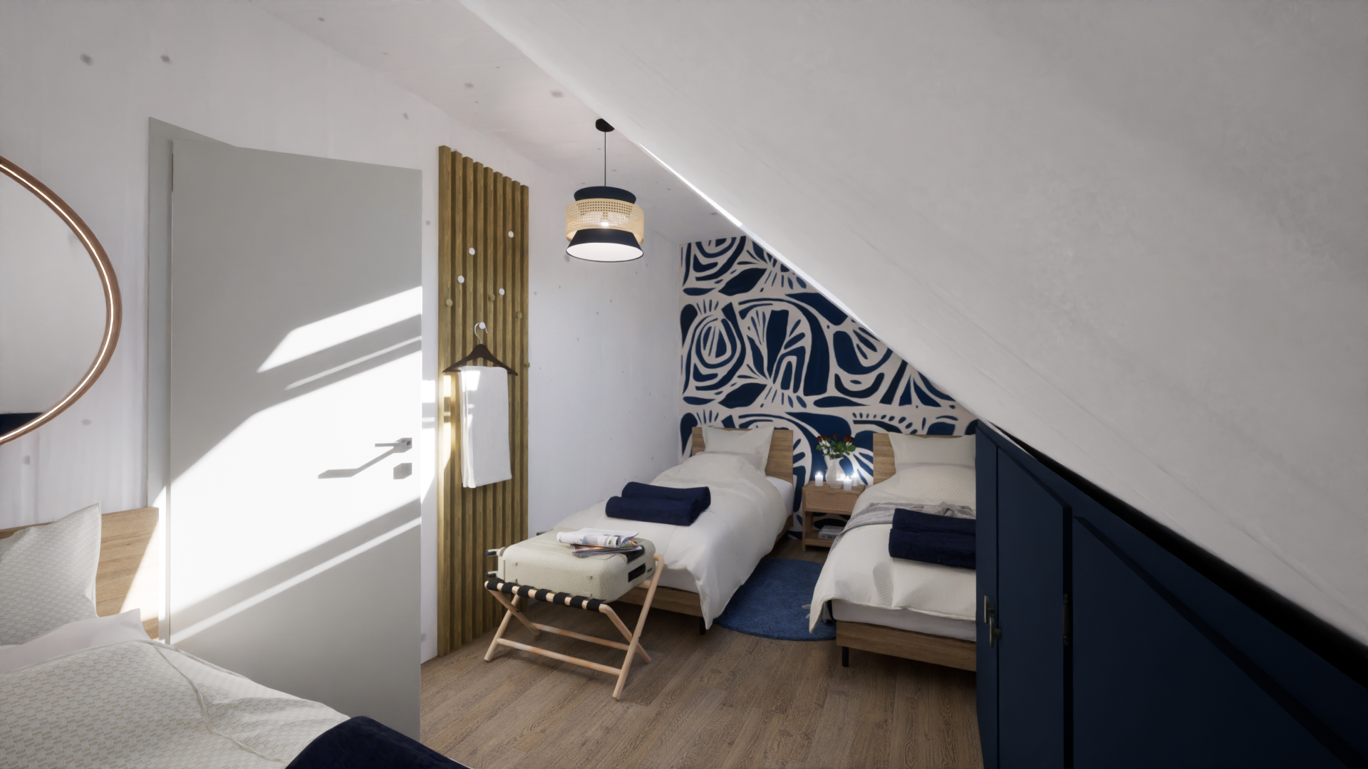 Chambre lumineuse avec deux lits twin au Domaine du Grand Morin.