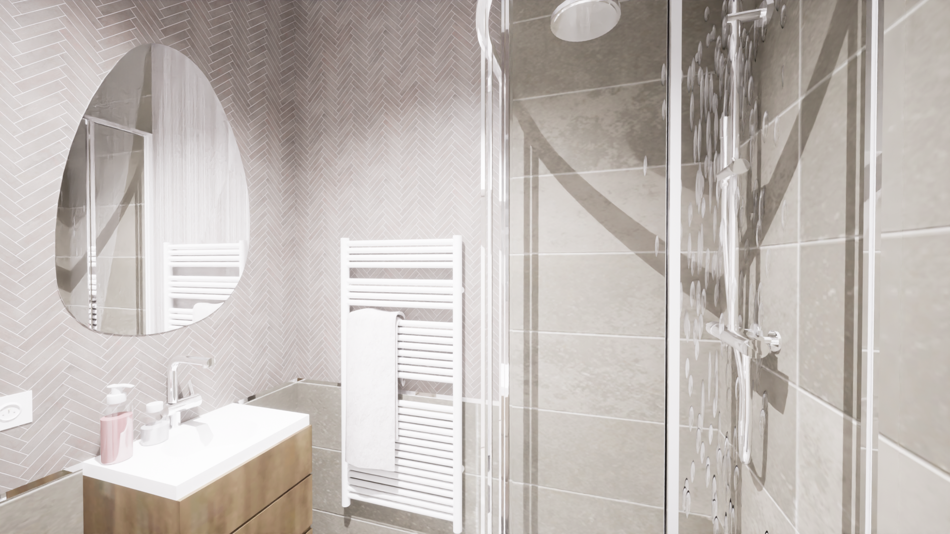 Salle de bain claire avec vasque et miroir au Domaine du Grand Morin.