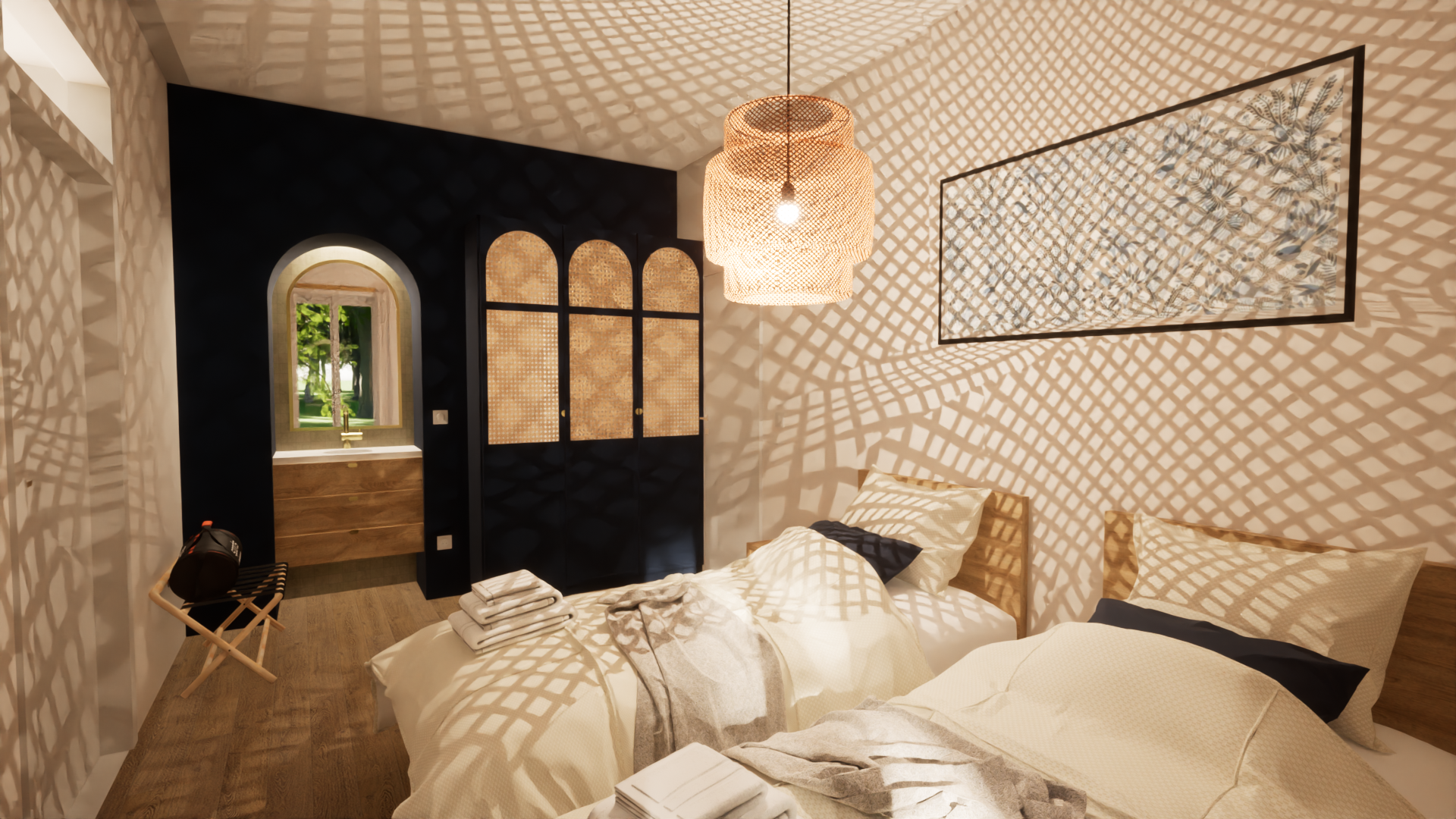 Chambre spacieuse avec lits twin et décoration claire au Domaine du Grand Morin.