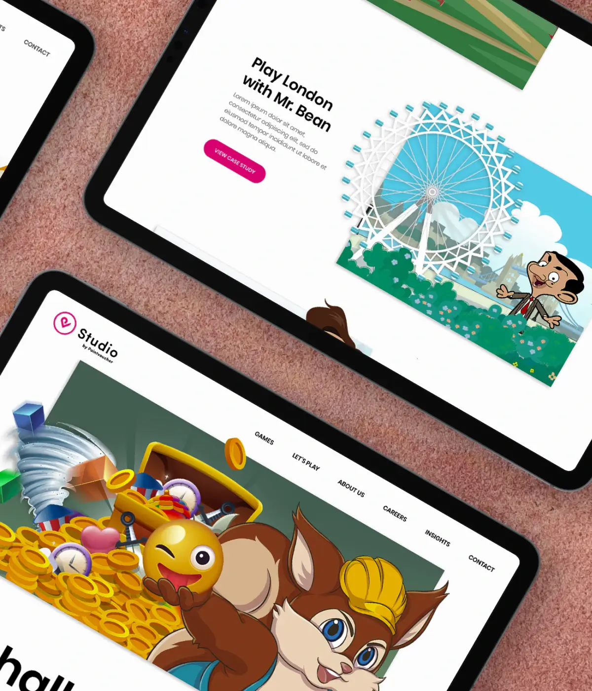 Pointvoucher Studio playful website design featuring Mr Bean and London-inspired visuals, showcasing character-driven digital UI design and engaging interactive storytelling.