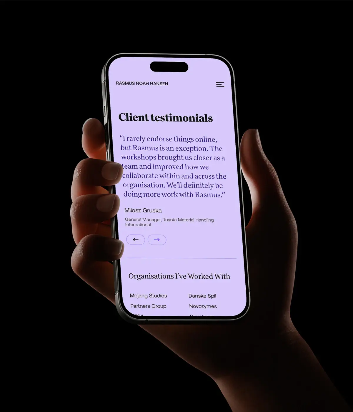 Mobile testimonial component for the Rasmus Noah Hansen website, highlighting clean UI design, structured content presentation, and thoughtful user experience craftsmanship.