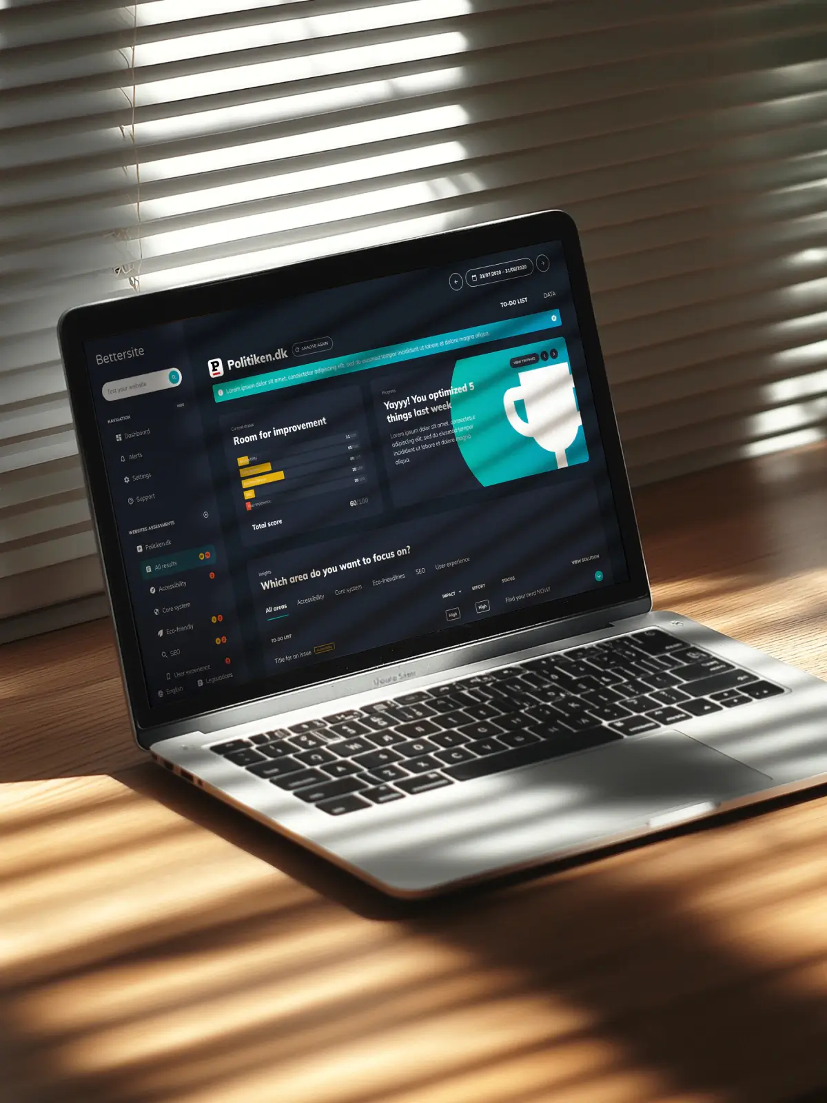 BetterSite digital UI design system featuring analytics, to-do lists, gamification, and speed test tools, demonstrating structured UX thinking and interface design craftsmanship.
