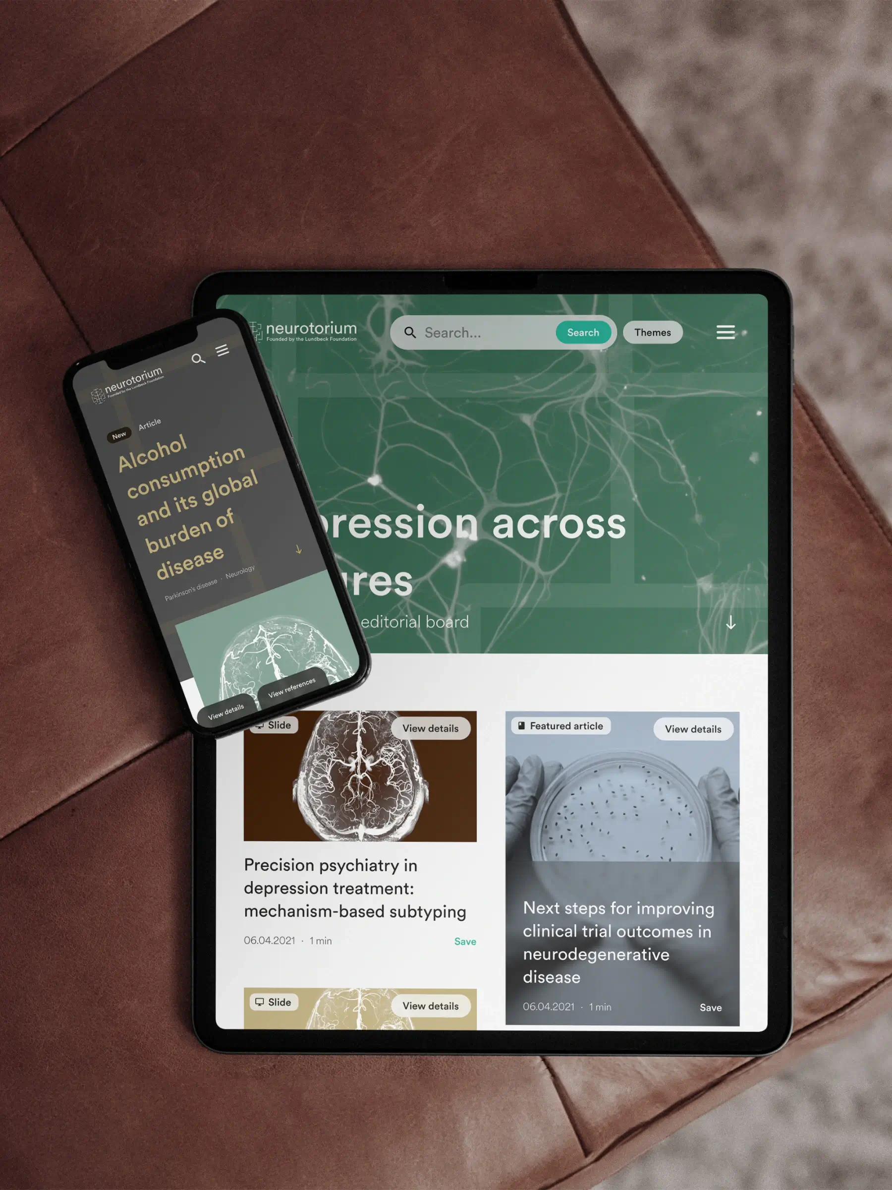 Neurotorium mobile and tablet UI design system shown in a lifestyle mockup on a brown leather couch, highlighting digital product design and interface craftsmanship by Morten Stig Christensen.
